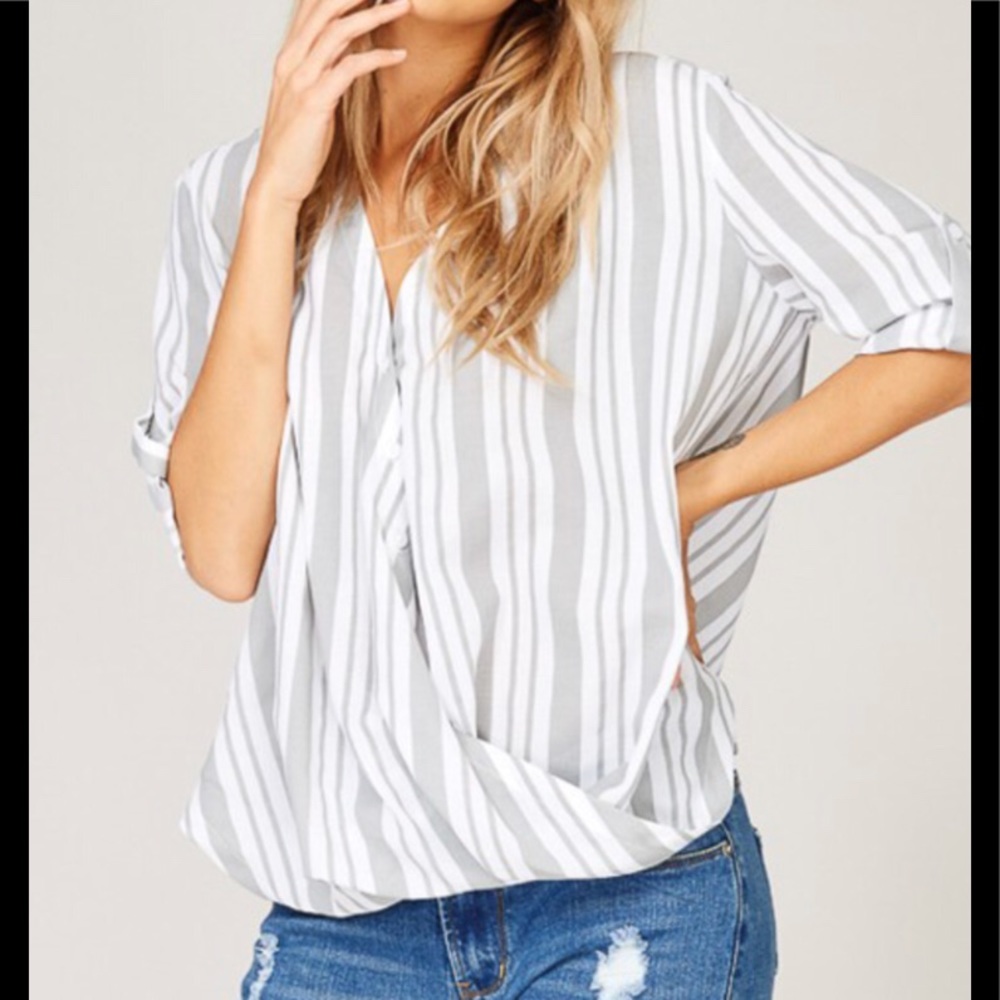 LISTICLE grey white striped cross front blouse NWT